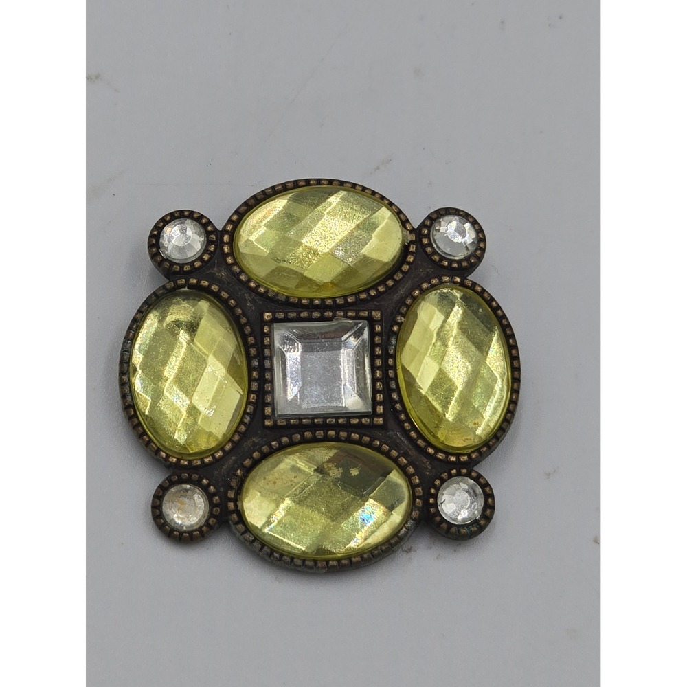 Vintage Maltese Cross Byzantine Statement Brooch Canary Yellow Clear Rhinestones